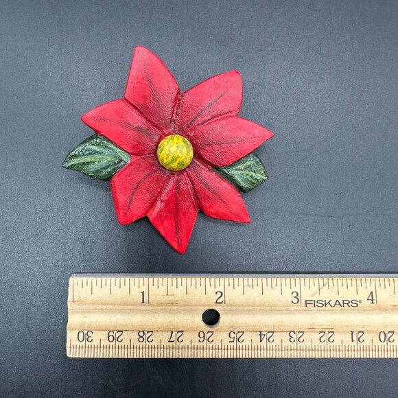 Christmas Brooch Pin Handcrafted Wooden Poinsettia Red Flower Holiday Jewelry - Picture 8 of 8